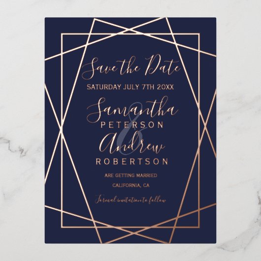 Rose goldenes geometrisches blaues Schriftzeichen  Folie Einladungspostkarte (Vorderseite)