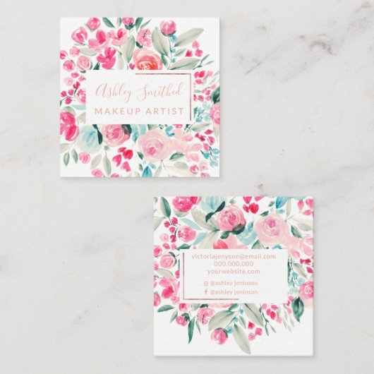 Rose Goldenes pinkflorales Aquarellschminken Quadratische Visitenkarte (Vorne/Hinten)