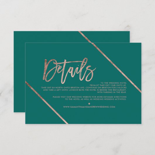 Rose goldenes Skript Streifen grüne Hochzeitsricht Begleitkarte (Vorne/Hinten)