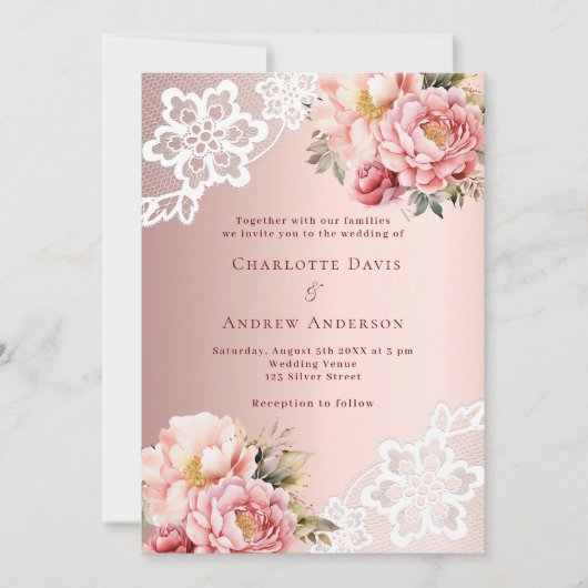 Rose goldfarbene Blumen Hochzeit Einladung (Vorderseite)