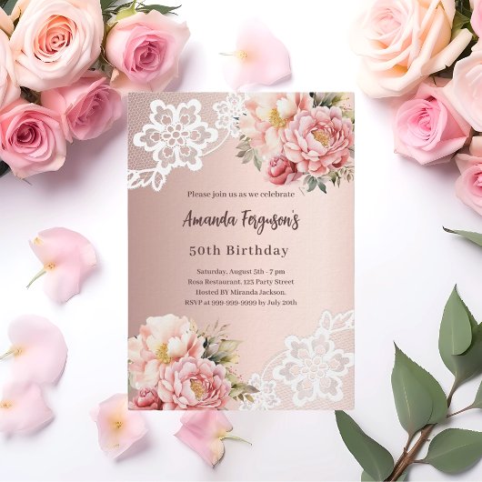 Rose goldfarbene Blumen verleihen dem 50. Geburtst Einladung