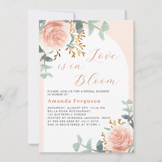 Rose goldfarbene blumengeschmückte Liebe in Bloom  Einladung (Vorderseite)