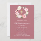 Rose goldfarbene Blüten kreuzen Mädchen Erste Komm Einladung (Vorderseite)