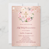 Rose goldfarbene Florale Glitzer Erste Kommune Einladung (Vorderseite)