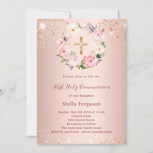 Rose goldfarbene Florale Glitzer Erste Kommune Einladung (Vorderseite)