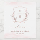 Rose goldfarbene Hochzeit mit elegantem botanische Weinetikett (Einzelnes Label)