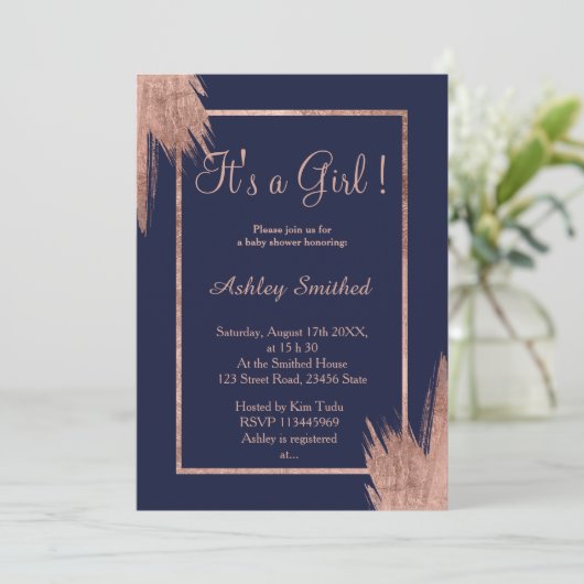 Rose goldfarbene Pinselstriche, blaue Mädchen-Dusc Einladung (Stehend Vorderseite)