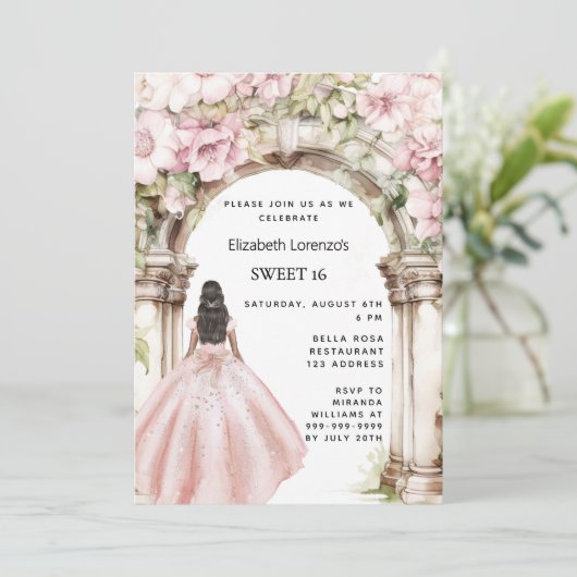 Rose goldfarbene Rosa Floralbogen Bogen Kleid Swee Einladung (Stehend Vorderseite)