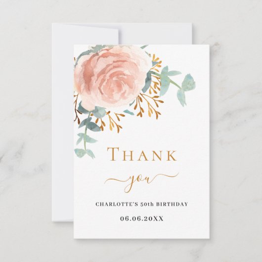 Rose goldfarbenes Blumengrün Dankeskarte (Vorderseite)
