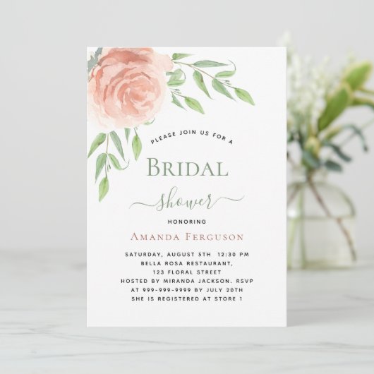 Rose goldfarbenes Blumengrün elegantes Brautparty Einladung (Stehend Vorderseite)