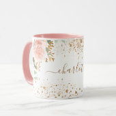 Rose Goldflorale Eukalyptus Goldname Glitzer Tasse (Vorderseite Links)