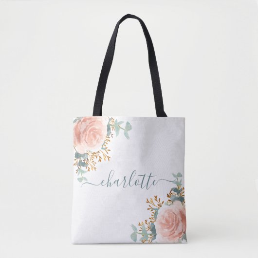 Rose Goldflorale Eukalyptus Monogramm Brautjungfra Tasche (Vorderseite)