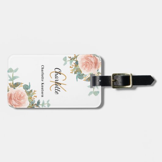 Rose Goldflorale Monogramm Gepäckanhänger (Vorderseite horizontal)