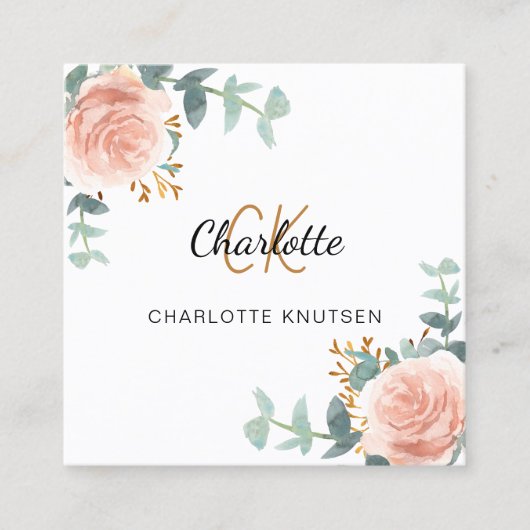 Rose Goldflorale Monogramm Qr-Code Quadratische Visitenkarte (Vorderseite)