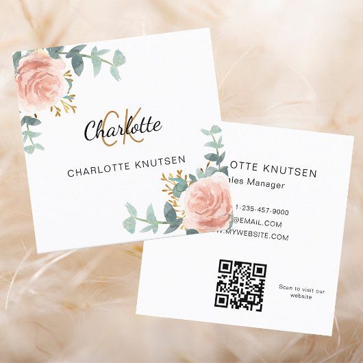 Rose Goldflorale Monogramm Qr-Code Quadratische Visitenkarte