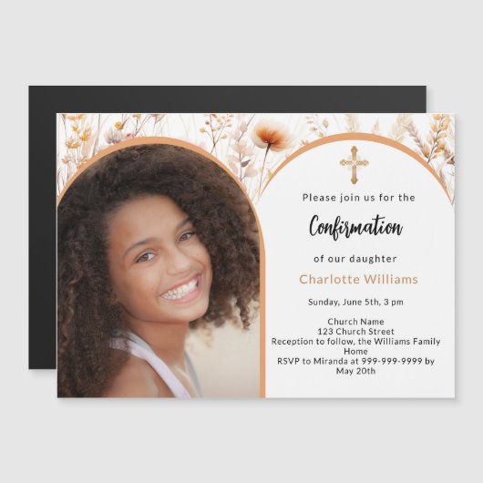 Rose Goldfloralen Foto Bogen Bestätigung Magneteinladung (Vorne/Hinten)