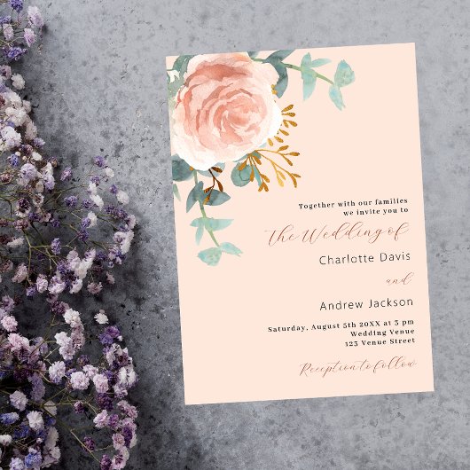 Rose Goldfloralen Grüne Pfirsichhochzeit Einladung