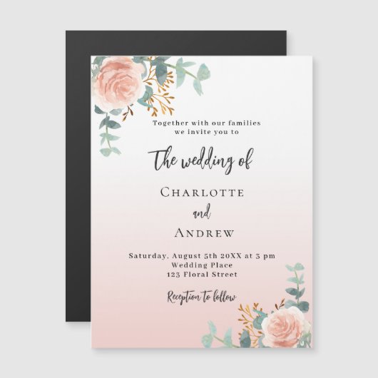 Rose Goldfloralen Grünpflanzen Luxushochzeit Magneteinladung (Vorne/Hinten)