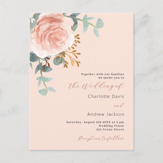 Rose Goldfloralen Grünpflanzen Pfirsich QR UAWG Ho Einladungspostkarte (Vorderseite)