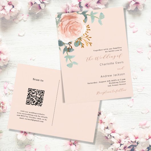 Rose Goldfloralen Grünpflanzen Pfirsich QR UAWG Ho Einladungspostkarte