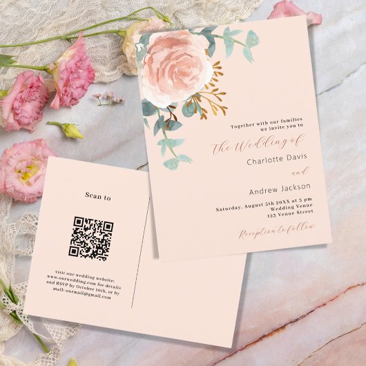 Rose Goldfloralen Grünpflanzen Pfirsich QR UAWG Ho Einladungspostkarte