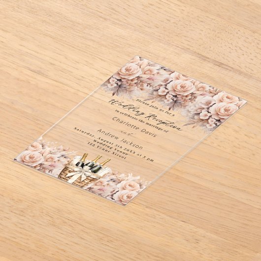 Rose Goldfloralen Schaumwein Hochzeitsempfang Acryleinladungen (Ablage )