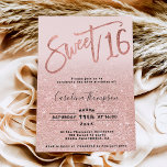 Rose Goldfolie Glitzer Rosa Sweet 16 Foto Einladung<br><div class="desc">Moderne,  schicke und elegante Rose Gold Glitzer ombre Sweet 16 Geburtstagsfolie Party Einladung mit einer modernen 16 Typografie mit Rose Goldfolie und Glitzern Glitzer auf einem essbaren pastellfarbenen rosa Hintergrund. Fügen Sie Ihr Foto auf der Rückseite oder verließ einen rosa Hintergrund. Perfekt für die Prinzessin Thema Sweet 16!</div>