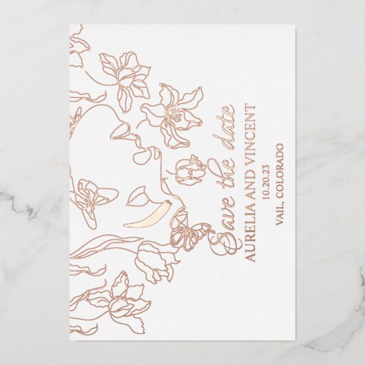 Rose Goldfolie-Kalligrafie Save the Date Folieneinladung (Vorderseite)