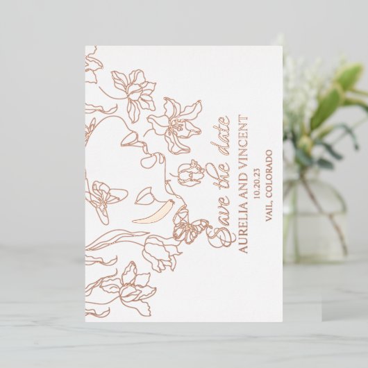 Rose Goldfolie-Kalligrafie Save the Date Folieneinladung (Stehend vorne)