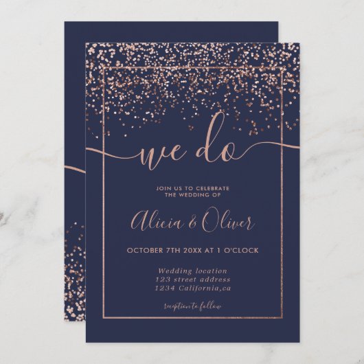 Rose Goldfolie Marine blaue schicke Initialen Hoch Einladung (Vorne/Hinten)