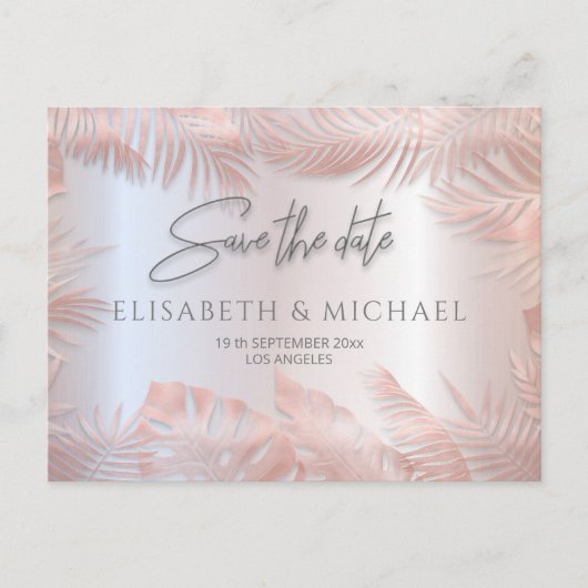 Rose Goldfolie Metallische tropische Blätter roman Ankündigungspostkarte (Vorderseite)