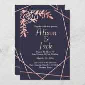 Rose Goldgeometrische Rahmen Marine Blaue Hochzeit Einladung (Vorne/Hinten)