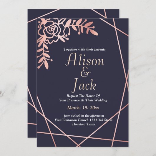 Rose Goldgeometrische Rahmen Marine Blaue Hochzeit Einladung (Vorne/Hinten)