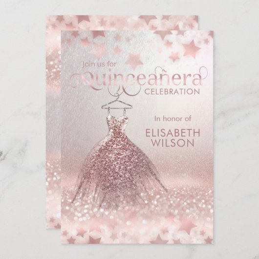 Rose goldglänzende Kleidung Stars Quinceañera Invi Einladung (Vorne/Hinten)