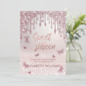 Rose Goldglatter Tropfen ombre Schmetterling invit Einladung (Stehend Vorderseite)