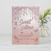 Rose Goldglatter Tropfen ombre Schmetterling invit Einladung (Stehend Vorderseite)