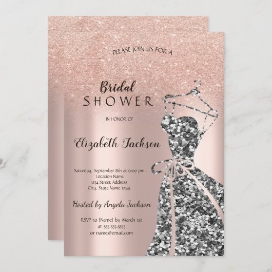 Rose GoldGlitter Bokeh,Sequins Dress Brautparty Einladung (Vorne/Hinten)