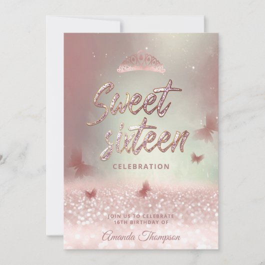 Rose Goldglitterling-Schmetterling-Tiara-Kalligrap Einladung (Vorderseite)