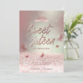 Rose Goldglitterling-Schmetterling-Tiara-Kalligrap Einladung (Stehend Vorderseite)