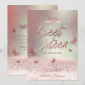 Rose Goldglitterling-Schmetterling-Tiara-Kalligrap Einladung (Vorne/Hinten)