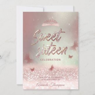 Rose Goldglitterling-Schmetterling-Tiara-Kalligrap Einladung