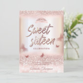 Rose Goldglitterling-Schmetterling-Tiara-Kalligrap Einladung (Stehend Vorderseite)