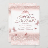 Rose Goldglitterling-Schmetterling-Tiara-Kalligrap Einladung (Vorne/Hinten)