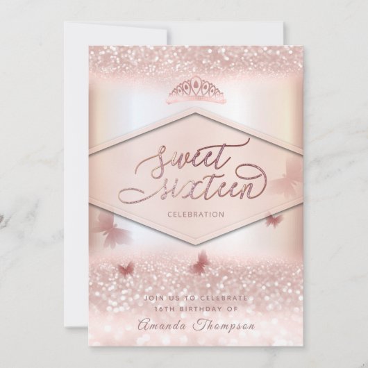 Rose Goldglitterling-Schmetterling-Tiara-Kalligrap Einladung (Vorderseite)