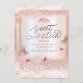 Rose Goldglitterling-Schmetterling-Tiara-Kalligrap Einladung (Vorne/Hinten)