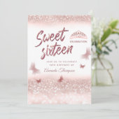 Rose Goldglitterling-Schmetterling-Tiara-Kalligrap Einladung (Stehend Vorderseite)