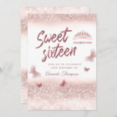 Rose Goldglitterling-Schmetterling-Tiara-Kalligrap Einladung (Vorne/Hinten)