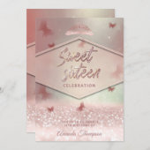 Rose Goldglitterling-Schmetterling-Tiara-Kalligrap Einladung (Vorne/Hinten)