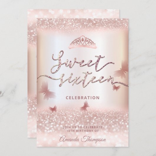 Rose Goldglitterling-Schmetterling-Tiara-Kalligrap Einladung (Vorne/Hinten)