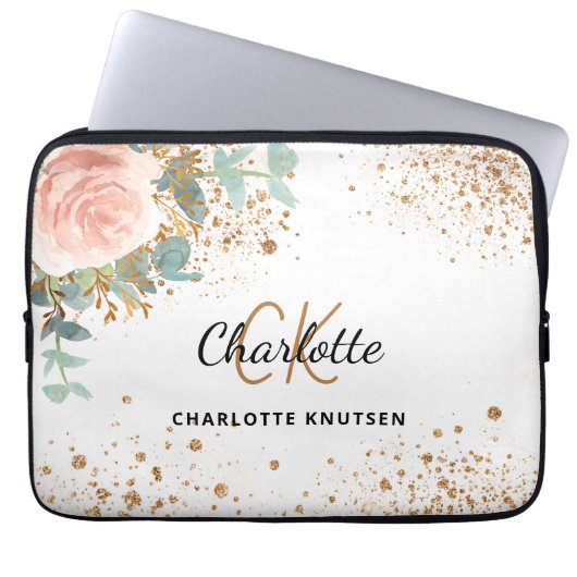 Rose Goldgold Glitzer Monogramm Laptopschutzhülle (Vorderseite)